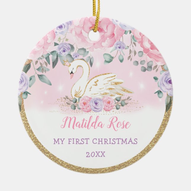 Ornamento De Cerâmica Swan Princesa Rosa Púrpura Bebê Primeiro 1rua Nata (Frente)