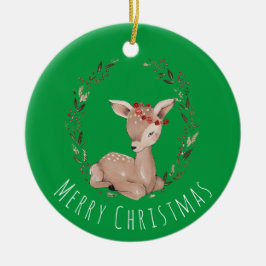 Ornamento De Cerâmica Sweet Christmas Fawn Wreath