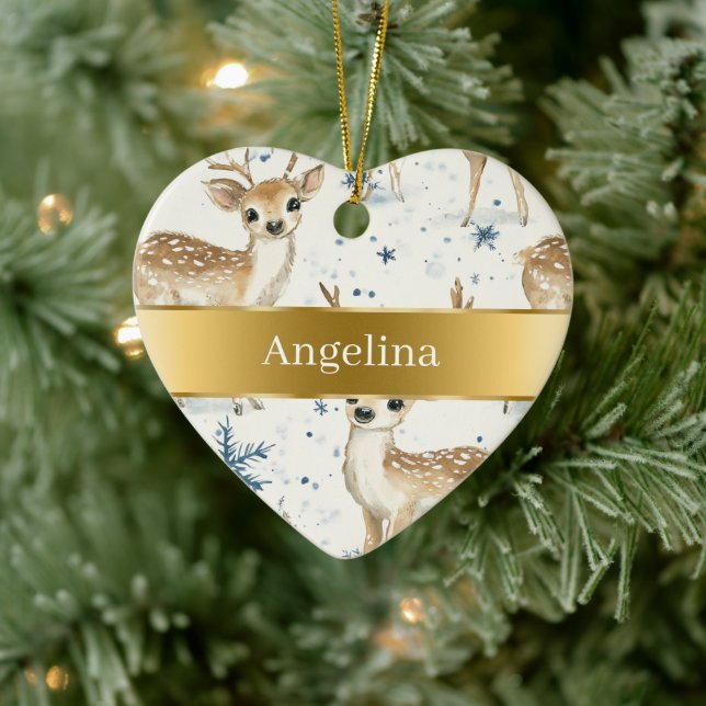 Ornamento De Cerâmica Sweet Deer Snowflakes Gold Ribbon Christmas (Árvore)