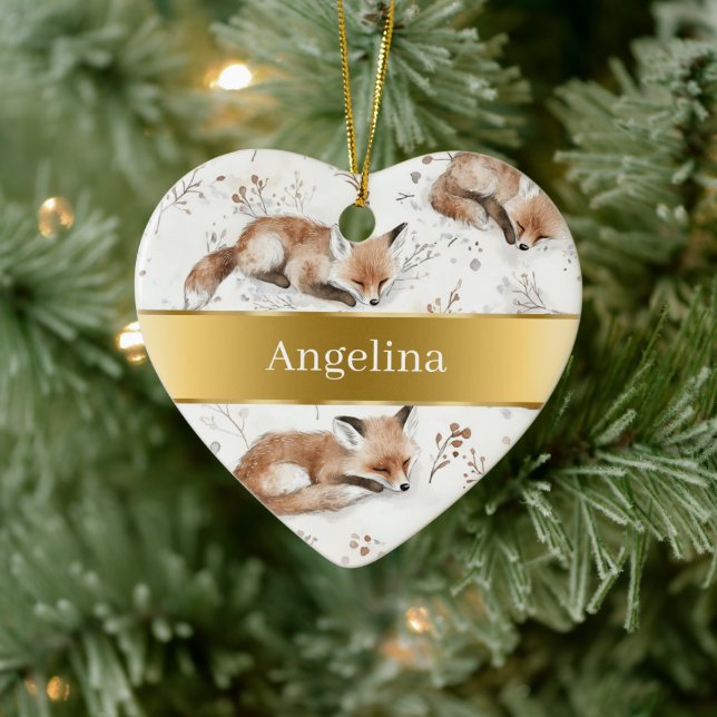 Ornamento De Cerâmica Sweet Fox Gold Ribbon Christmas (Árvore)