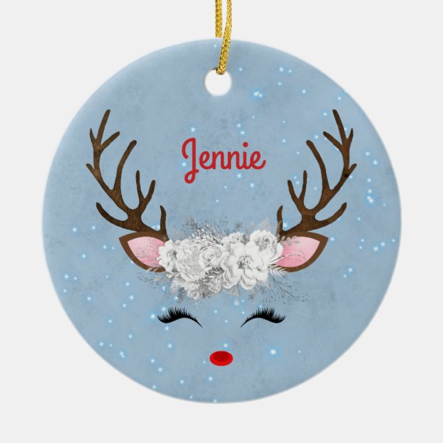 Ornamento De Cerâmica Sweet Reindeer Eyelashes e Antlers com Flores (Frente)