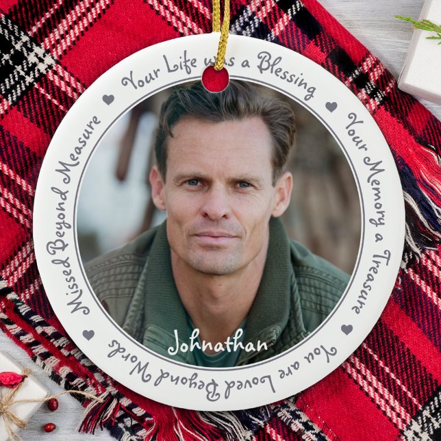 Ornamento De Cerâmica Sympathy Quote Silver Gray Keepsake Memorial Photo (Criador carregado)