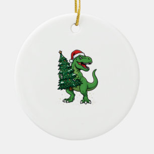 Ornamento De Cerâmica T-Rex de Natal Carregando Árvore de Natal