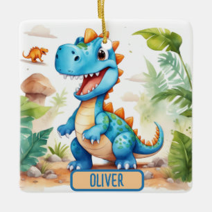 Ornamento De Cerâmica T-Rex Dinossauro Azul Fofo Personalizado