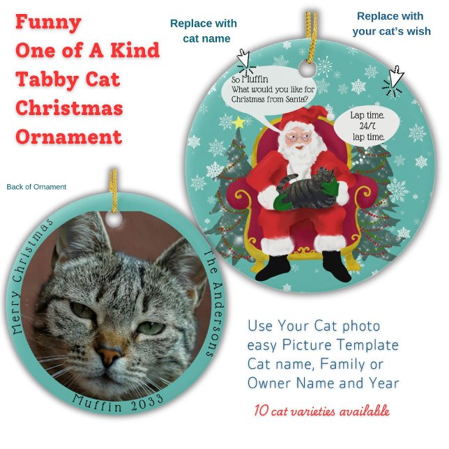 Ornamento De Cerâmica Tabby Gato Engraçado Visita Papais noeis com Sabed (Your Tabby cat gives Santa Paws Christmas wish list custom double sided photo template Ornament)