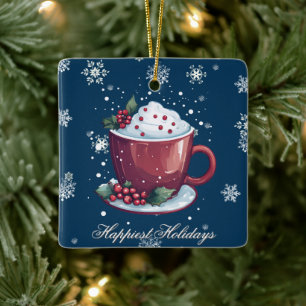 Ornamento De Cerâmica Taça de Chocolate Quente de Natal Azul