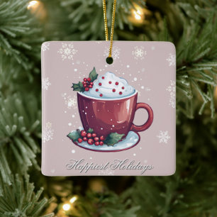 Ornamento De Cerâmica Taça de Chocolate Quente de Natal   Rosa Corado
