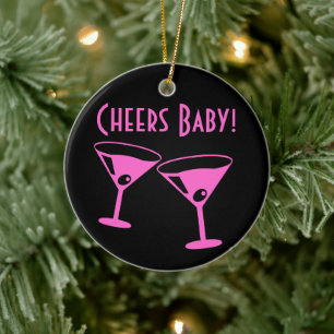 Ornamento De Cerâmica Taças de cocktail rosa néon Cheers baby de Natal