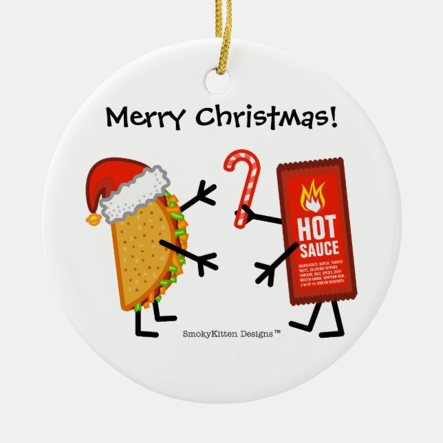 Ornamento De Cerâmica Taco & molho picante - Feliz Natal! (customizável) (Frente)