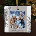 Ornamento De Cerâmica Tan & Cinza Winter Foliage Photo Christmas<br><div class="desc">Este Enfeites de natal fotográfico apresenta cor de lama muda e cinza cor de água folhagem de inverno. Personalize este Enfeites de natal elegante com sua foto de família.</div>