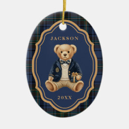 Ornamento De Cerâmica Tartan Azul Xadrez | Urso de Natal