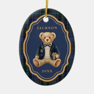 Ornamento De Cerâmica Tartan Azul Xadrez Urso de Natal