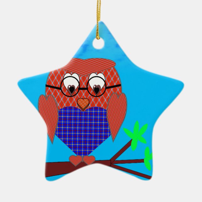 Ornamento De Cerâmica Tartan e Hearts Owl (Frente)