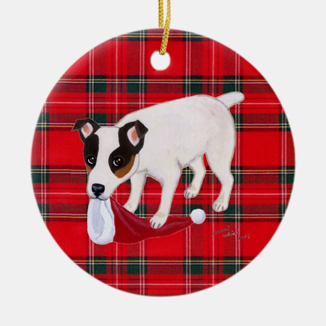 Ornamento De Cerâmica Tartan personalizado de Jack Russell Terrier do (Frente)