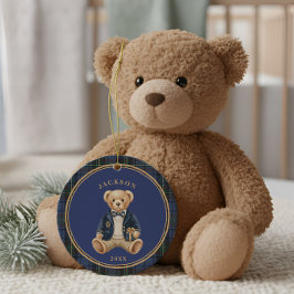 Ornamento De Cerâmica Tartan Xadrez Azul | Urso de Natal