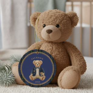 Ornamento De Cerâmica Tartan Xadrez Azul Urso de Natal