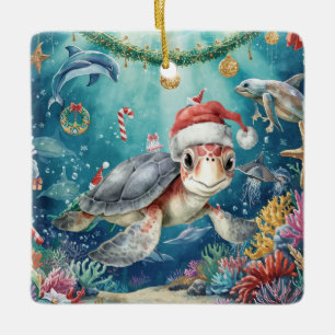 Ornamento De Cerâmica Tartaruga Chapéu de Papai Noel Festa de Natal Sob