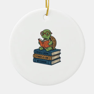 Ornamento De Cerâmica Tartaruga Cute Lendo em Livros Vetor Vintage_1
