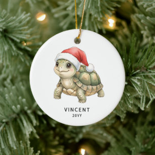 Ornamento De Cerâmica Tartaruga de Natal Personalizada com Chapéu de Pap