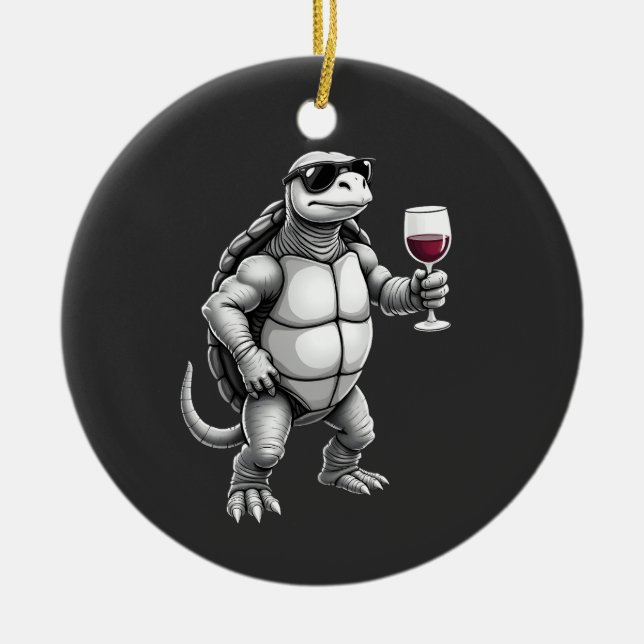 Ornamento De Cerâmica tartaruga legal bebendo vinho tinto impressão de a (Frente)