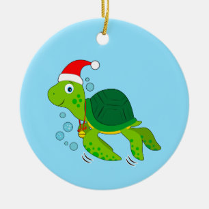 Ornamento De Cerâmica Tartaruga marinha com Santa Hat