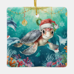 Ornamento De Cerâmica Tartaruga Papai Noel Chapéu Sob o Mar Festa de Nat