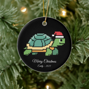 Ornamento De Cerâmica Tartaruga Pixel Art com Chapéu de Papai Noel
