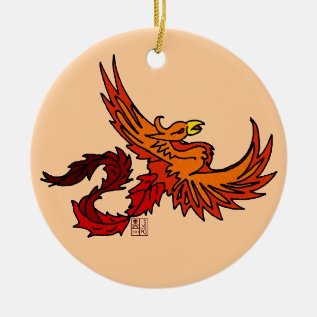 Ornamento De Cerâmica Tatuagem de pássaro de Phoenix, laranja-medieval v (Frente)