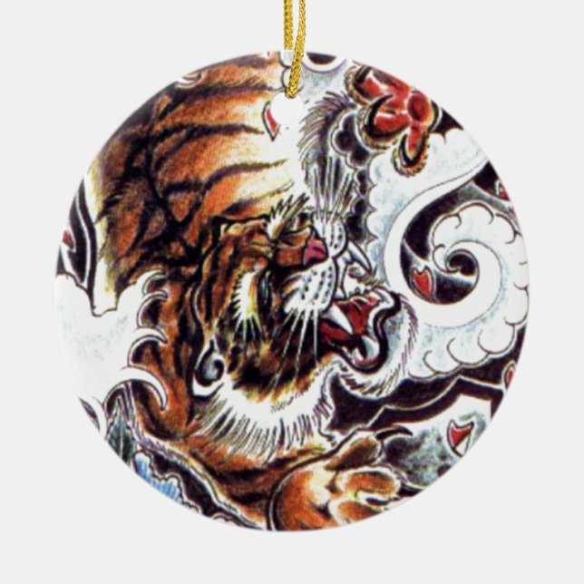Ornamento De Cerâmica Tatuagem de Tigre Japonês (Frente)