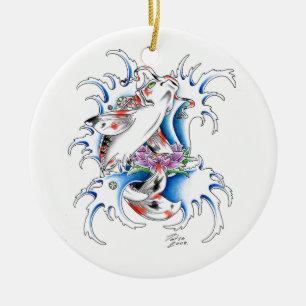 Ornamento De Cerâmica Tatuagem oriental legal da água da carpa de Koi d