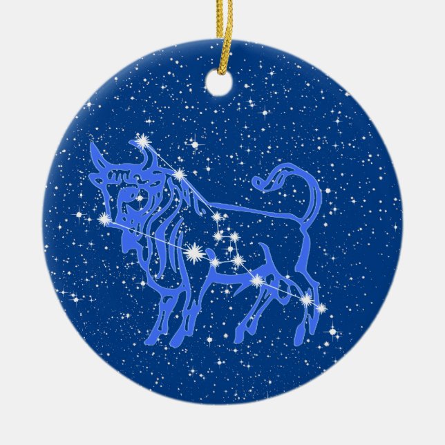 Ornamento De Cerâmica Taurus Zodiac Sinal com Estrelas em Azul Profundo (Frente)