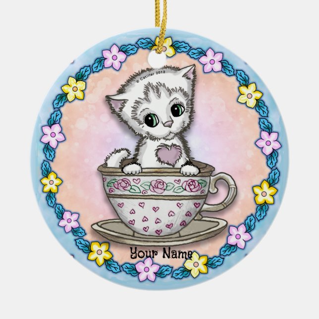 Ornamento De Cerâmica Teacup Kitten Cat (Frente)