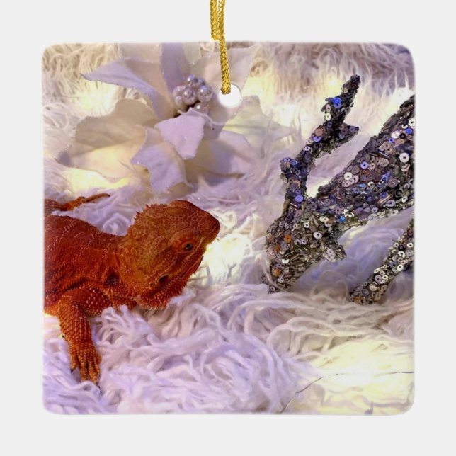 Ornamento De Cerâmica Teak the Bearded Dragon Peace on Earth (Frente)