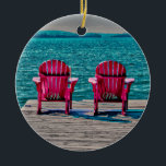 Ornamento De Cerâmica Teal Beach Adirondack preside Casamento Russo<br><div class="desc">Sr. e Sra. Casamento Adirondack cadeiras em uma doca de madeira sobre olhar o lago. Trendy,  chic,  moderno,  praia,  cabana rústica. Presente rosa,  teal,  turquesa recém-casado. Imagem copyright Marg Seregelyi Fotografia.</div>