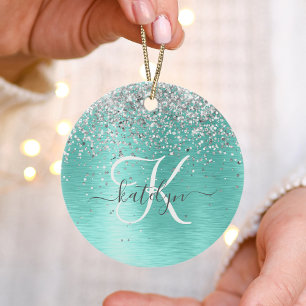 Ornamento De Cerâmica Teal Brugado Metal Silver Glitter Nome Monograma