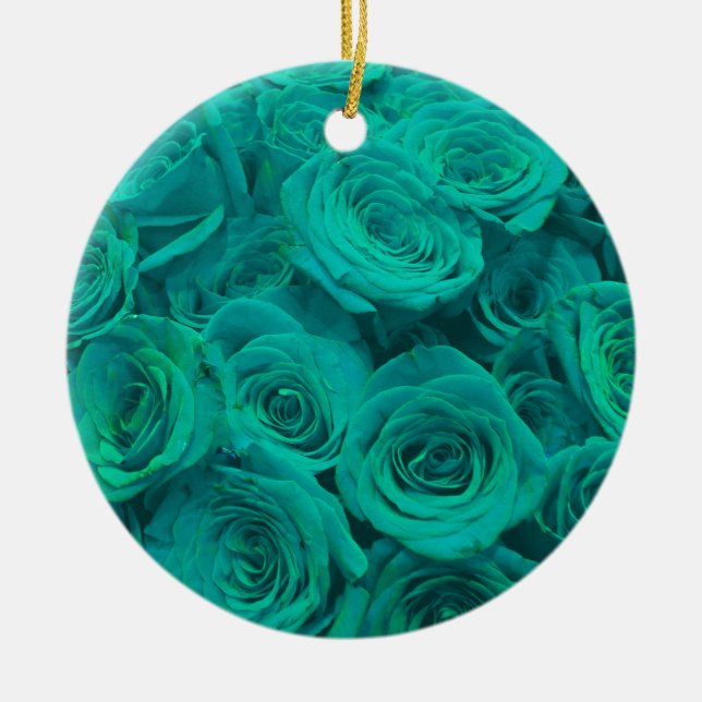 Ornamento De Cerâmica Teal elegante romântico - rosas verdes (Frente)