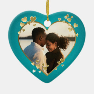 Ornamento De Cerâmica Teal Hearts and Ribbon Photo