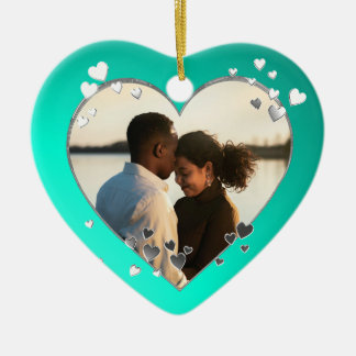 Ornamento De Cerâmica Teal Hearts and Ribbon Photo