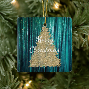 Ornamento De Cerâmica Teal Pine Green Tinsel Dourada Árvore de Natal