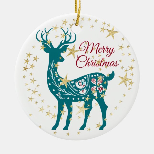 Ornamento De Cerâmica Teal Reindeer Ouro Estrelas Elegante Ceram (Frente)