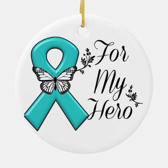 Ornamento De Cerâmica Teal Ribbon Para O Meu Herói (Traseira)