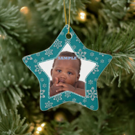 Ornamento De Cerâmica Teal Silver Snowflakes Modelo de Foto Natal