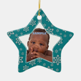 Ornamento De Cerâmica Teal Silver Snowflakes Modelo de Foto Natal