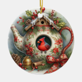 Ornamento De Cerâmica Teapot Birdhouse Cardinal 1