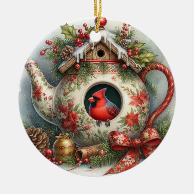 Ornamento De Cerâmica Teapot Birdhouse Cardinal 1 (Frente)