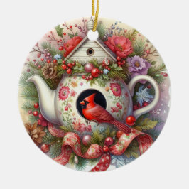 Ornamento De Cerâmica Teapot Birdhouse Cardinal 2