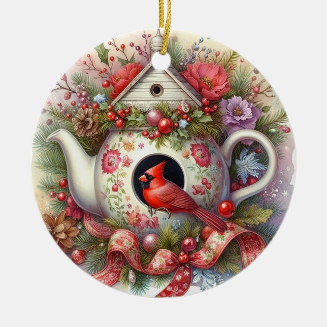 Ornamento De Cerâmica Teapot Birdhouse Cardinal 2 (Frente)