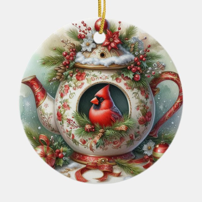 Ornamento De Cerâmica Teapot Birdhouse Cardinal 4 (Frente)