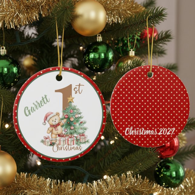 Ornamento De Cerâmica Teddy Bear 1rua Natal (Personalized Baby's first Christmas ornament)