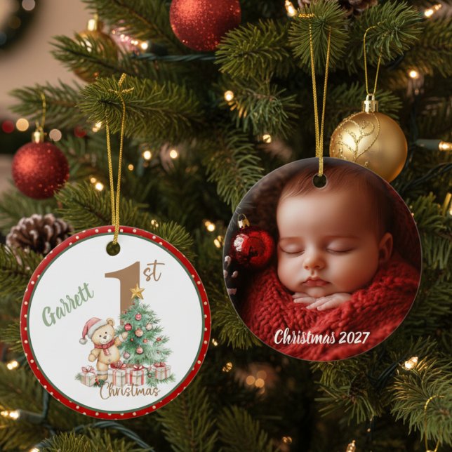 Ornamento De Cerâmica Teddy Bear 1st Christmas Photo (Baby's first Christmas photo ornament)
